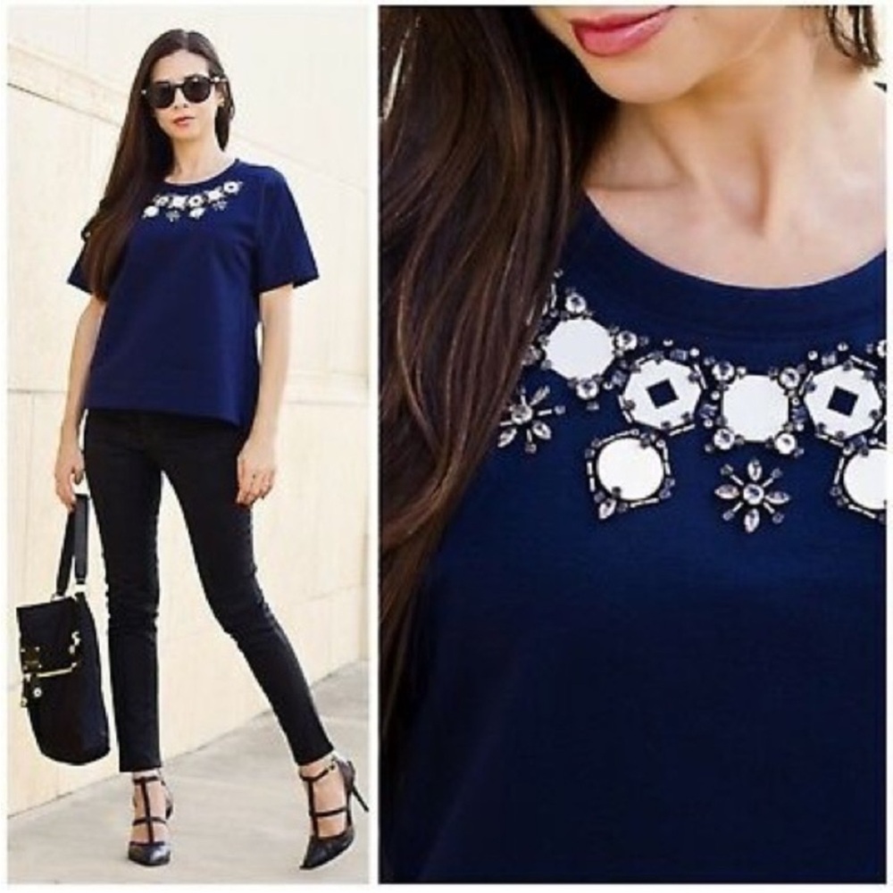 J. Crew‎ Structured Necklace Shirt Top Women's Medium Navy Preppy Career Classic
